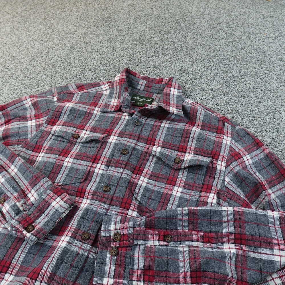 Eddie Bauer Shirt‎ Mens L Gray Red Plaid Flannel Button Up Long Sleeve Outdoor